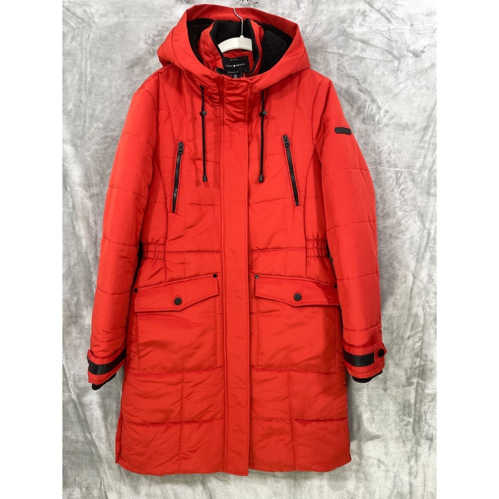 Lucky Brand Women's Small Parka Long Puffer Coat in Red Hooded Insulated